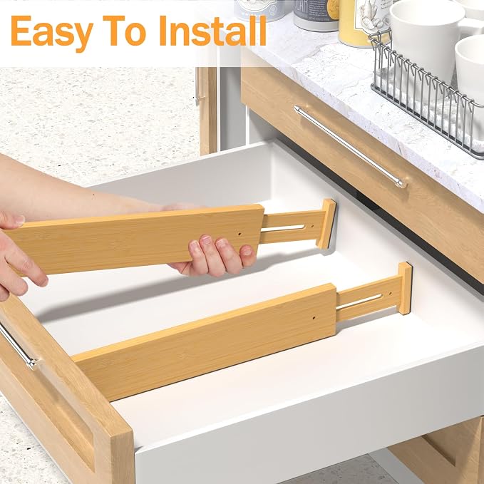 Bamboo Drawer Dividers Organizers, 2.56" High, 17"-21.8" Adjustable, 4 Pack