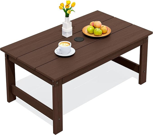 SERWALL HDPE Patio Coffee Table, Rectangle Outdoor Coffee Table, All-Weather Coffee Side Table for Balcony, Poolside, Deck, Garden, Coffee Brown