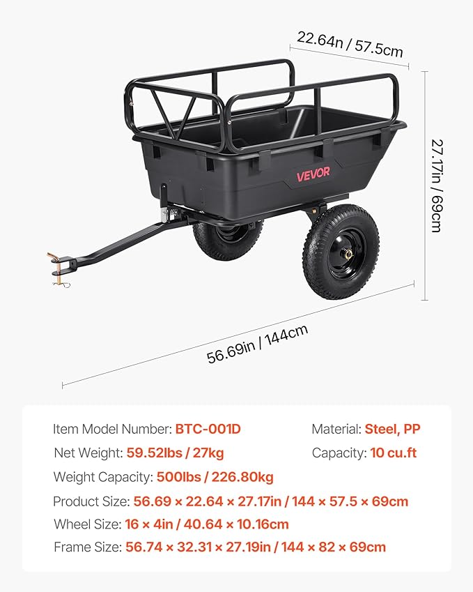 VEVOR 500Lbs 10 Cu.Ft. ATV UTV Trailer Tow Behind Dump Cart, Heavy Duty Pull Behind Utility Dump Trailer for Lawn Mower Trailer Tractor Garden Yard with 16in Tires