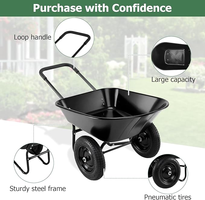ERGOMASTER Dual-Wheel Wheelbarrow, Home Utility Garden Cart, 330 LBS Capacity, Large Heavy Duty Yard Cart for Gardening & Planting, Lawn, Farm, Construction Site, Black