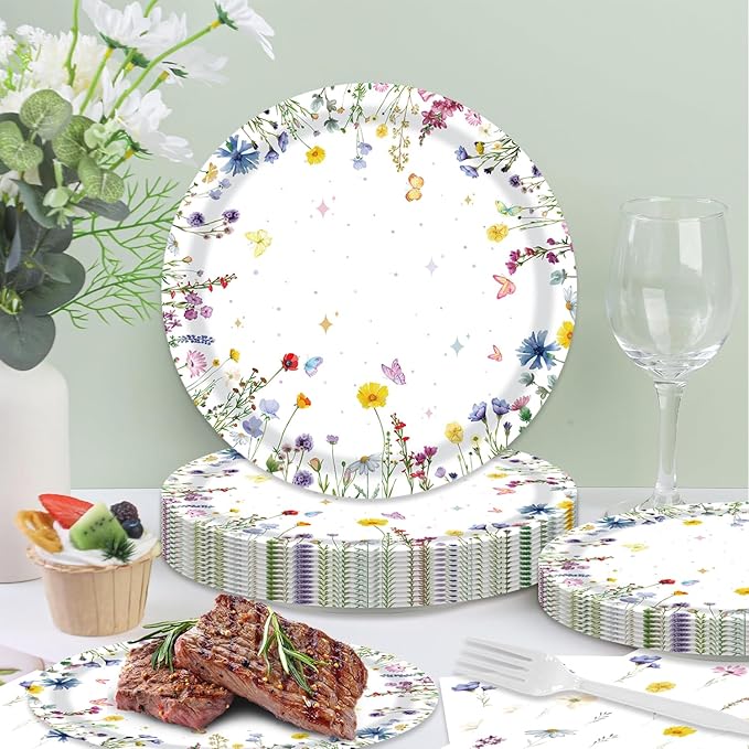 48Pcs Wildflower Party Decorations Garden Flower Decorations for Party or Baby Shower Supplies Plates Napkins Forks Set for 16 Guests