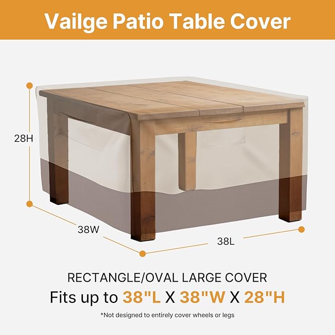 Vailge Rectangular/Oval Patio Table Cover, Heavy Duty and Waterproof Outdoor Lawn Patio Furniture Covers (Beige&brown, 38"Lx38"Wx28"H)
