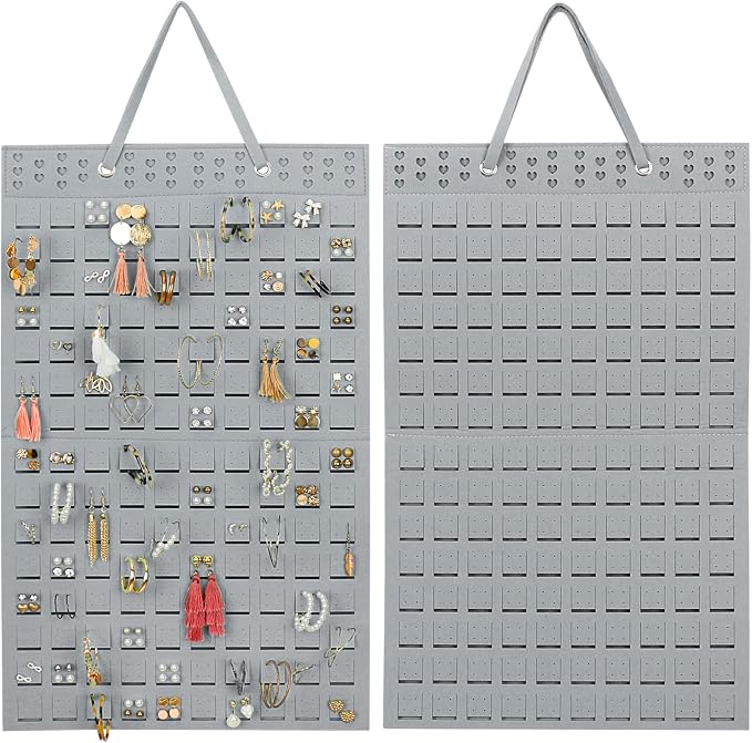 RESOVO Hanging Earrings Organizer, Wall Earring Holder with 2 Hooks, Holds Up To 300 Pairs, Compact Design, Soft Material-Silber Grey