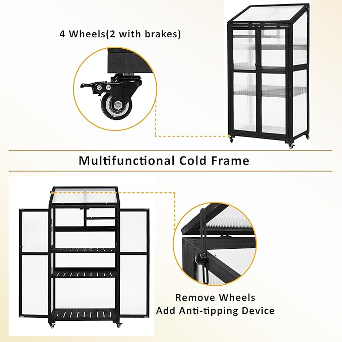 Mini 4-Tier Greenhouse with Locking Wheels, 62 Inch Height Portable Wooden Green House Cold Frame with Adjustable Shelves and Vent, Small Garden House for Outdoor Indoor, Black