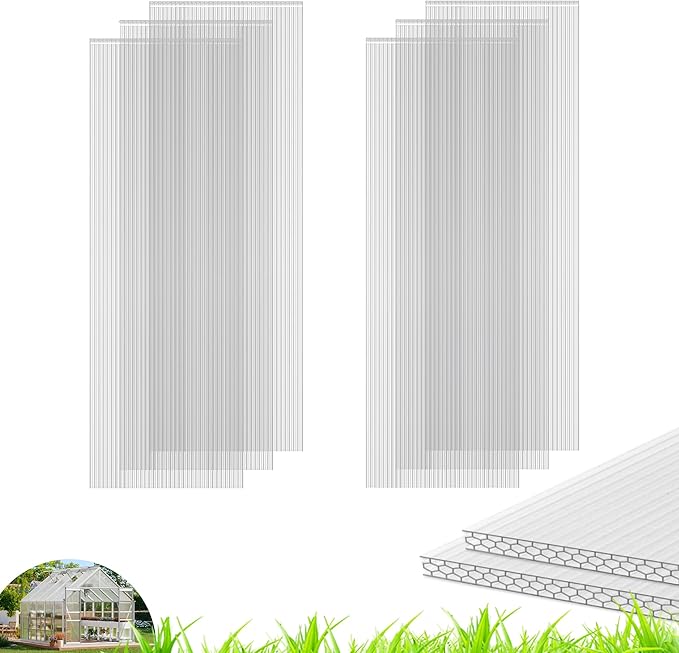 Quibbay 6PCS Polycarbonate Greenhouse Panels Sheets, 6' x 2' x 0.32'' Three-Layer Honeycomb Panels, UV Protected Corrugated Plastic Roof Panels, Clear Replacement Panels for Greenhouse Covering