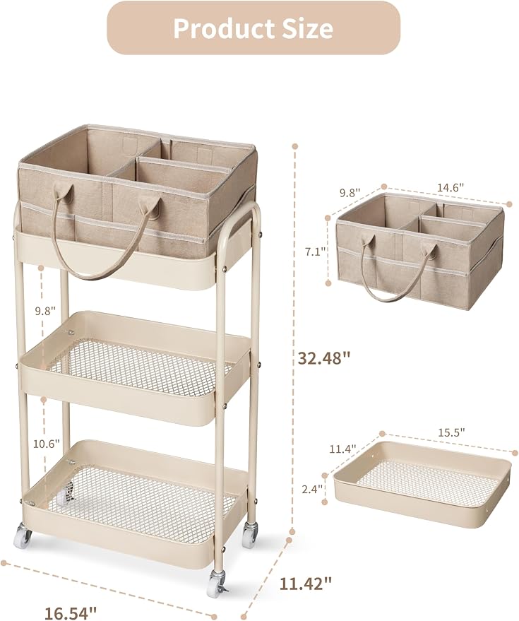 Fortella Baby Diaper Caddy, 3 Tier Rolling Cart for Baby Essentials, Taupe