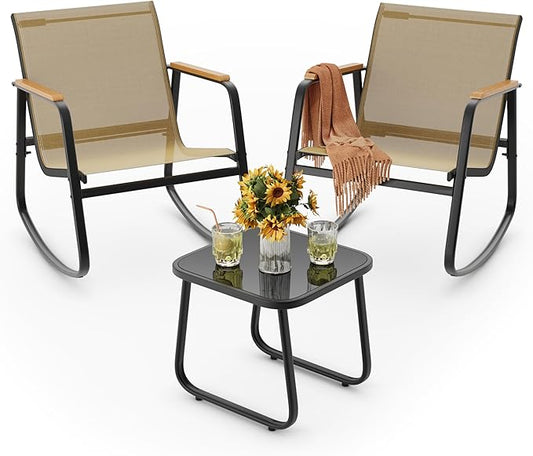 Ahomly 3-Piece Outdoor Rocking Bistro Set, Outdoor Patio Furniture Set with Textilene Fabric, Patio Rocking Chairs and Glass Table for Garden Balcony Backyard Poolside Brown