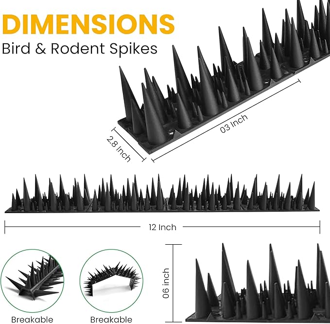 BUGGOFF - Bird & Rodent Spikes, Unique Spike Pattern effecitviely deteres Pesky Pigeons, Squirrels, Raccoons. Installs on Fences, Gates, Roofs, Walls and More! (13 Feet, Black Plastic)