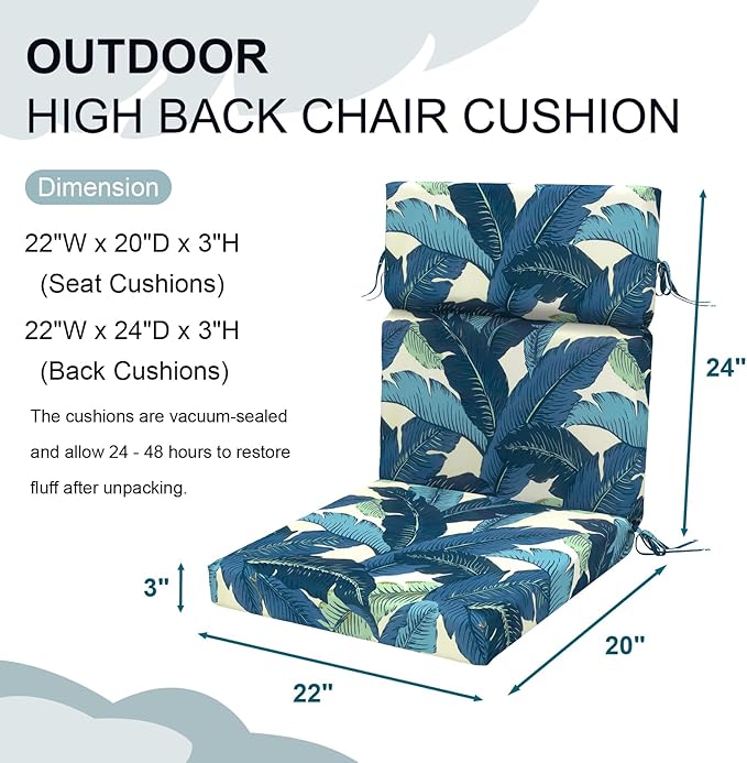 DYTXIII Outdoor High Back Chair Cushions Set of 2, 44"x22" Water Repellent Patio Seat Cushions with Elastic Sponge, All Weather Chair Pads for Rocking, Dining, Patio Furniture - Swaying Palms Blue