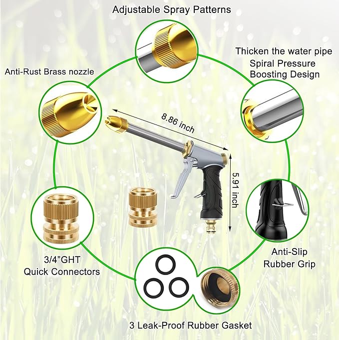 Heavy garden hose nozzle - adjustable spray mode high-pressure rotary spray gun, brass nozzle, anti slip grip and quick connector, suitable for lawn, plants, car washing, pets