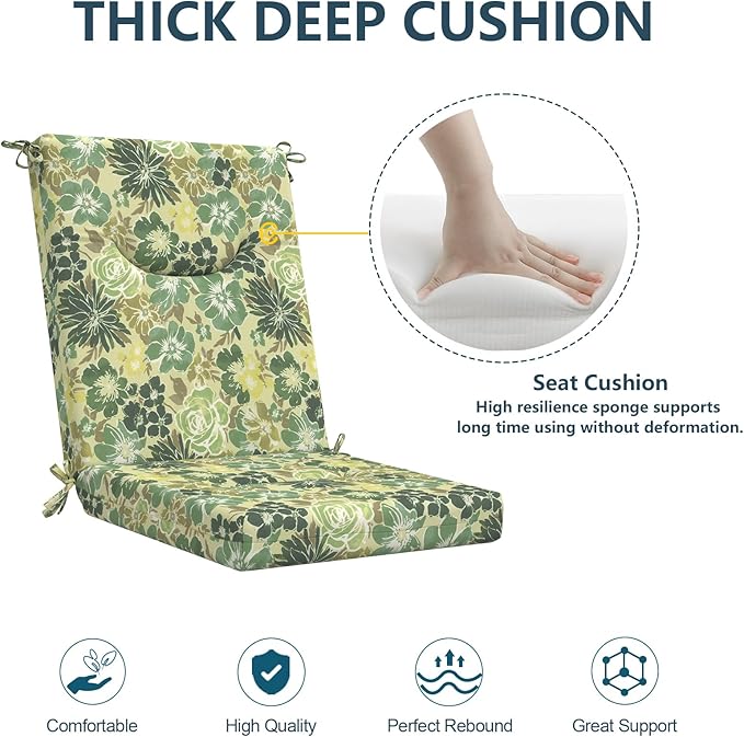 DYTXIII Outdoor High Back Chair Cushions Set of 2, 44x20 in Water Repellent Patio Seat Cushions with Elastic Sponge, All Weather Cushions for Rocking, Dining Chairs, Patio Furniture - Green Rose