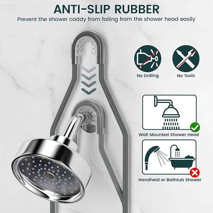 REINHARDT Adjustable Shower Caddy Hanging Rustproof Shower Organizer, Grey | Shower Caddy Over Showerhead, Extra Long, No Drilling, Anti-Slip, Fast Draining, Soap Holder, 12 Hooks, Bathroom Accessories
