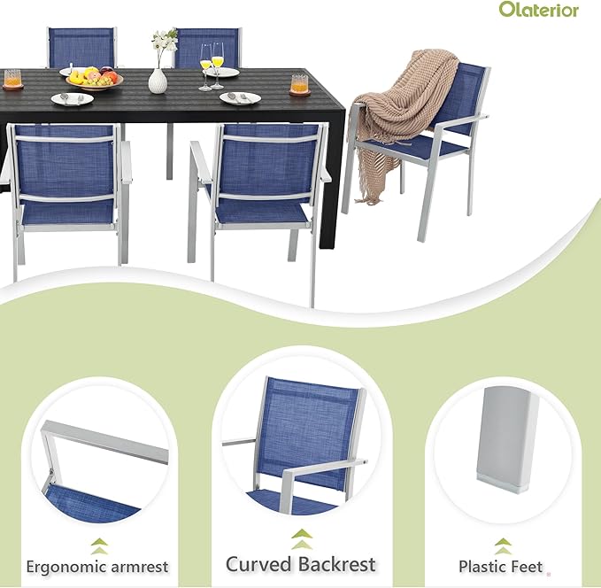 Patio Dining Chairs, All-Weather High-Resilience Textilene Outdoor Dining Chair Set of 2, Heavy-Duty Stackable Minimalist Outdoor Chairs with Armrest, Patio Chairs for Lawn Deck Pool, Blue and White