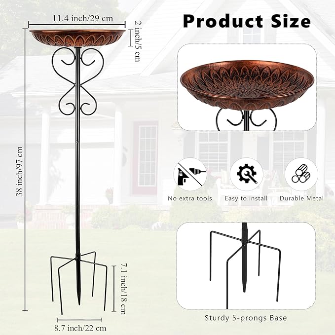 Metal Bird Baths for Outdoors, 38" H Copper Birdbath with 11.4 Inch Bowl, Standing Bird Bath & Bird Feeder with Stake for Outside Garden Patio Yard Lawn Decor
