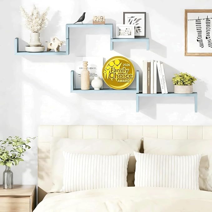SRIWATANA Blue Floating Shelves, Set of 5 Wood Wall Mounted Display Shelf | Versatile Wood Shelves in 5 Different Sizes; Flexible DIY Layout to Fit Any Space in Bathroom, Bedroom, or Kitchen