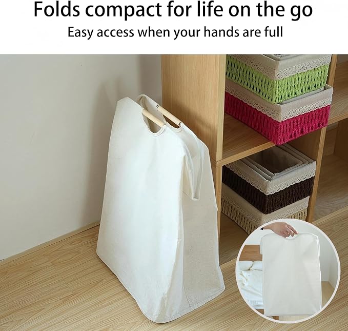 Collapsible Laundry Hamper Bag with Wooden Handles - 36L/8 Gallon Capacity Waterproof Oxford Cloth Storage Basket, Freestanding No Wire Frame, for Dorm Room, Bedroom, Bathroom (Small-Black)