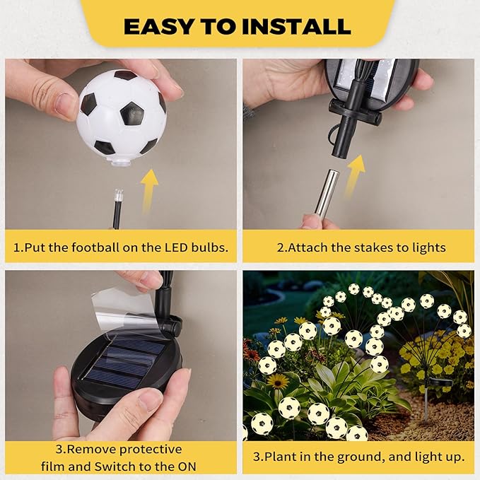 Solar Football Garden Lights – Swaying LED Solar Lights Outdoor for World Cup Decor, Outdoor Waterproof Patio & Yard Lights with Flexible Wire & Heavy Base, Warm White (2 Pack)