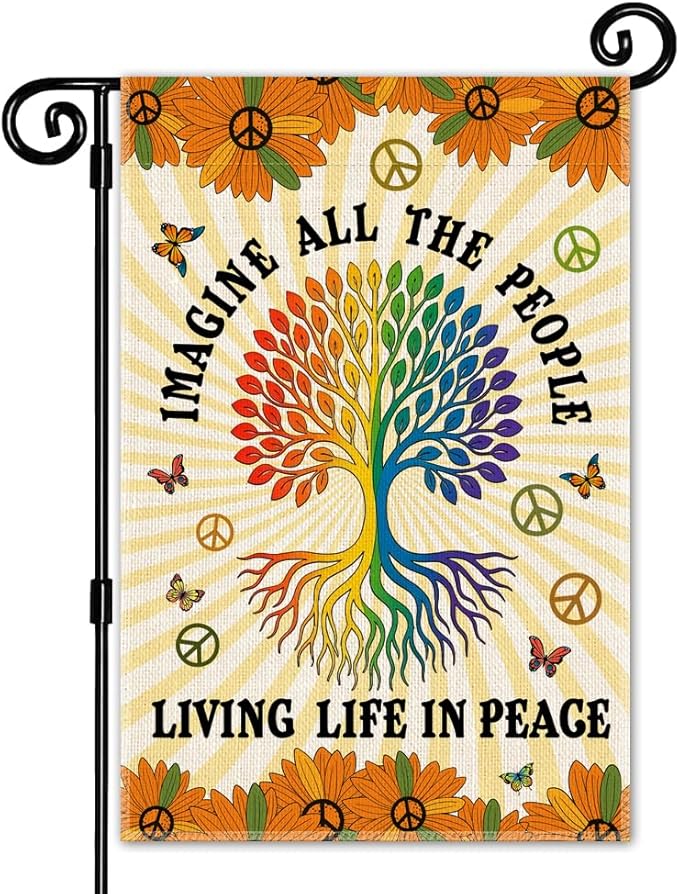 Imagine All The People Living Life In Peace Garden Flag, Funny Tree Of Life Peace Flag for Outside, LGBTQ Equality Social Justice Kindness Diversity Inclusion Banner, Peaceful Lawn Porch Décor