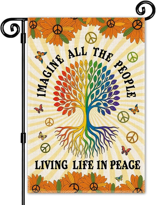 Imagine All The People Living Life In Peace Garden Flag, Funny Tree Of Life Peace Flag for Outside, LGBTQ Equality Social Justice Kindness Diversity Inclusion Banner, Peaceful Lawn Porch Décor