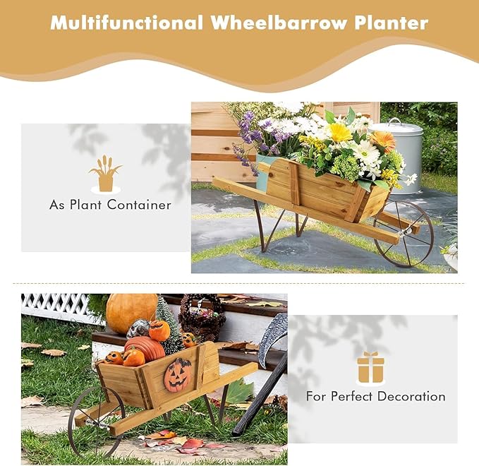 HAPPYGRILL Wooden Wagon Planter, Small Flower Plant Pot w/Triangular Metal Support, 2 Energy-Saving Handles, Movable Wheel, Wood Wheelbarrow Cart Planter for Garden Backyard Holiday (Walnut)