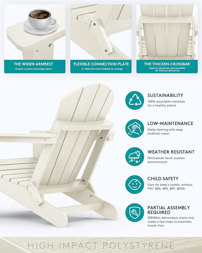 SERWALL Folding Adirondack Chair Set of 6 - Folding Adirondack Chairs with Cup Holder, HIPS Outdoor Chairs Weather Resistant Fire Pit Chairs- White