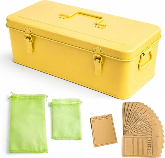 Seed Storage Organizer –Waterproof Metal Seed Box with Storage Bags, Dividers, 4 Compartments with Lid and Safety Locks, Portable Side Handles, Perfect for Garden Seeds, Labels & Tools – Yellow