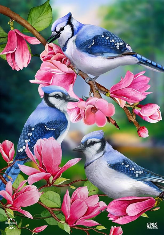 Blue Jay Trio Spring Garden Flag Floral Birds 12.5" x 18" Briarwood Lane