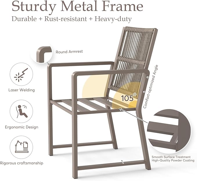Outdoor Patio Wicker Rattan Dining Chairs, Heavy-Duty Wrought Iron Frame Supports 300lbs, Ergonomic Backrest, Detachable Breathable Cushion, for Garden & Porch, Light Brown, Set of 2