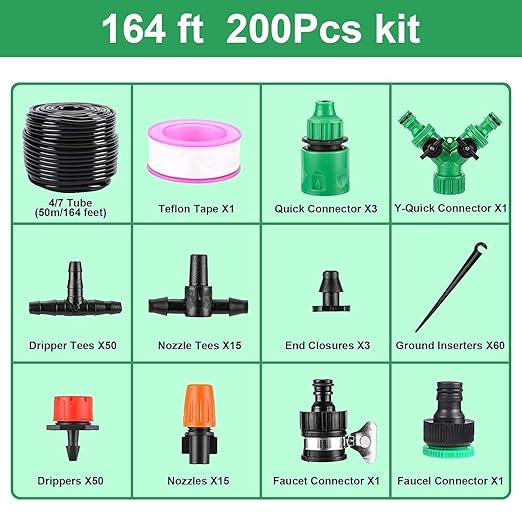 164FT / 50M Garden Drip Irrigation Kit – DIY Automatic Watering System, Auto Drip Irrigation Kit for Greenhouse, Lawn, Plants, Flower Beds & Garden