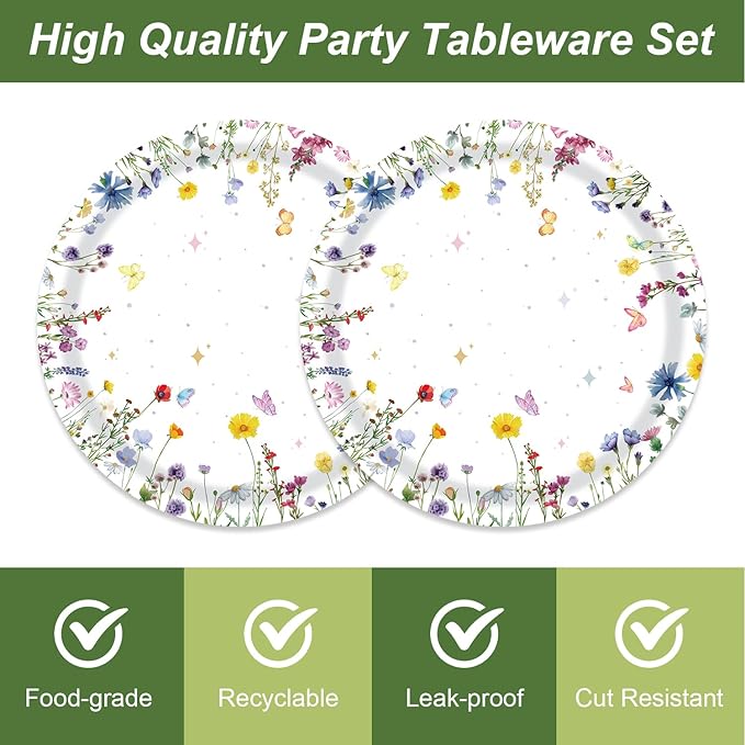 48Pcs Wildflower Party Decorations Garden Flower Decorations for Party or Baby Shower Supplies Plates Napkins Forks Set for 16 Guests