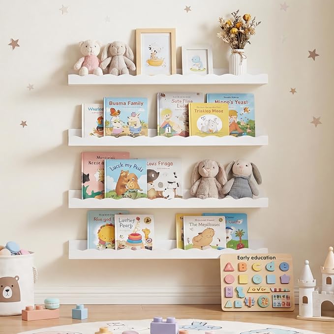 Fun Memories Picture Ledge Shelf for Wall, 24 inch Pine Wood Nursery Book Shelves Set of 2- Wall Book Shelves for Kids Room, Home Decor - Kitchen Spice-White