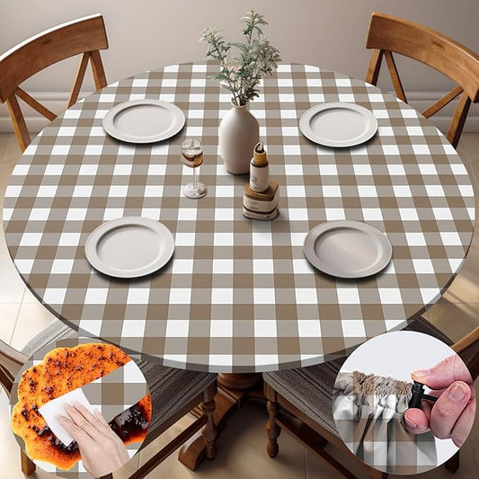 Fitted Round Tablecloths Reusable Stain Resistant Table Clothes Vinyl Indoor Outdoor Circular Cover for 36-44" Table Dorm kitchen Storage Gifts Summer Autumn Camper Patio Picnic Accessories