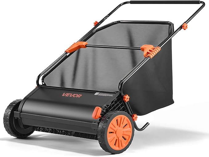VEVOR Push Lawn Sweeper, 30 in Leaf & Grass Collector with 12 cu. ft. Hopper Bag, Adjustable Brush Height & Spinning Brushes, Heavy Duty Yard Sweeper with Rubber Wheels for Leaves Grass Cleanup