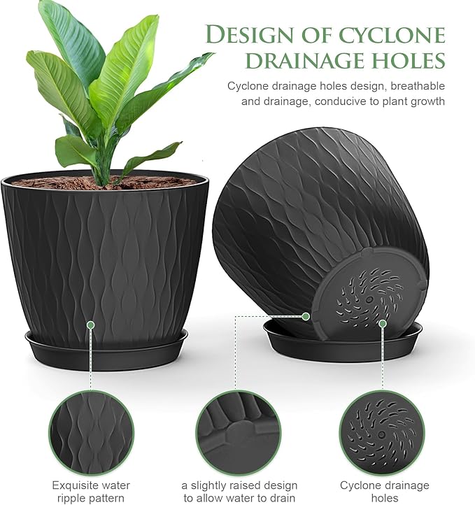 WSMKSZ 6 inch Plant Pots, 5 Pack Flower Pots with Drainage Holes and Saucers for Indoor Plants, Plastic Planters with Water Ripple for Small Garden House Plants, Nursery Pots for Succulent, Black