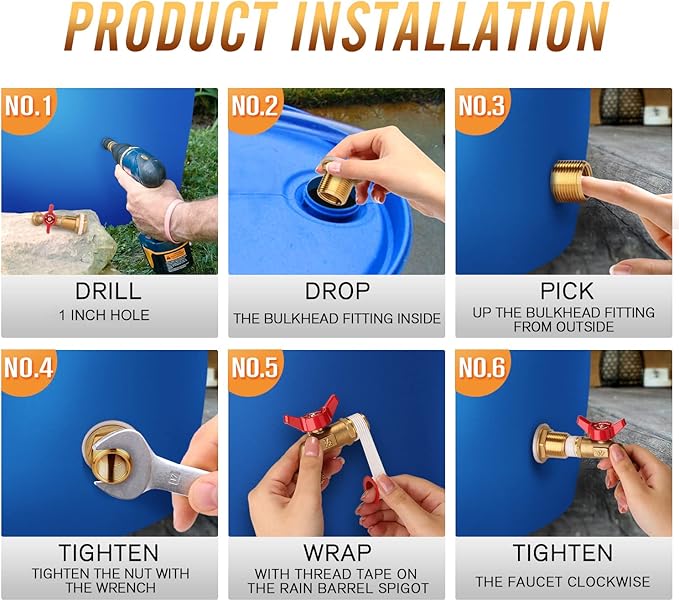 WADEO Rain Barrel Spigot, Brass Water Spigot with Bulkhead Fitting, Rain Water Faucet Kit with Thread Tape