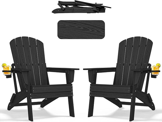 nevilywood HDPE Folding Adirondack Chair Set of 2,Waterproof All-Weather Outdoor Design with Cup Holder,Suitable for Patio for Fire Pit, Patio & Beach, Black