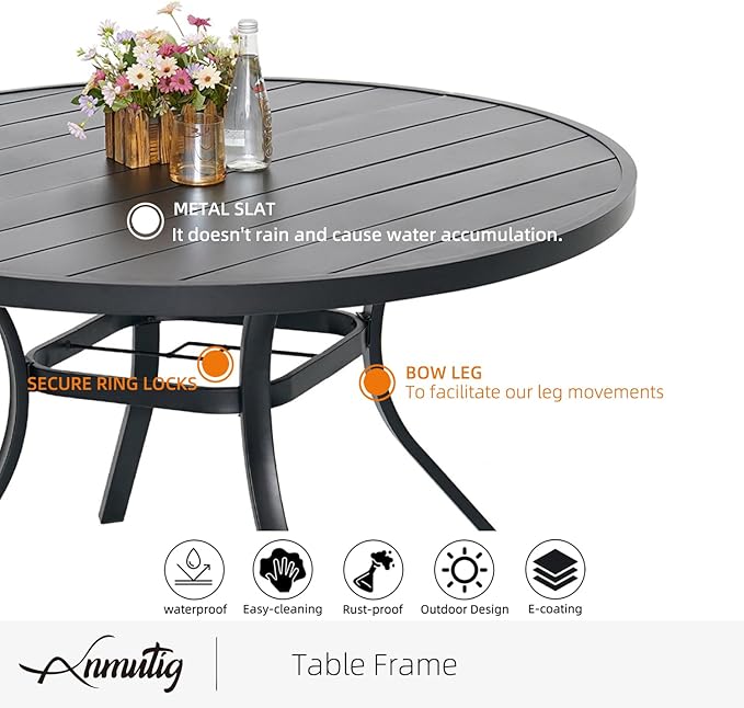Anmutig 4 Person 41" Patio Round Table with Adjustable Umbrella Hole for Outdoor 3.4ft Black All Weather Metal Dining Table