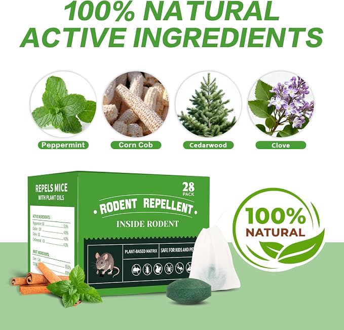 Mouse Repellent Tablets - 28 Pack Powerful Peppermint Oil Rodent Repellent | Suitable for Indoor & Outdoor Use, Cars, Home, Kitchen, Basement, Garage, Suitable for Family and Pets