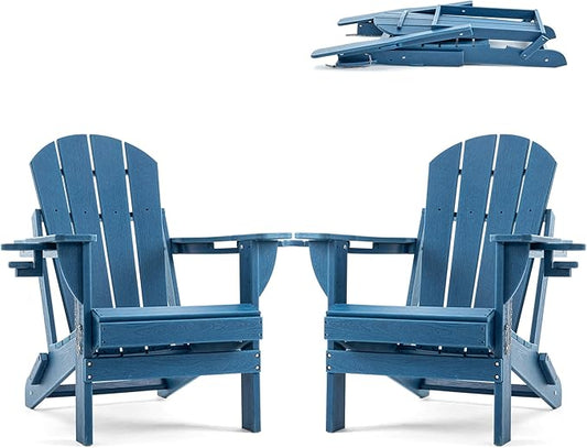 Folding Adirondack Chair, HDPE Outdoor Texture Lawn Chair with Reclining Back, Cup and Phone Holder - Comfortable Firepit Chair Weather Resistant for Patio or Backyard (Blue, Set of 2)
