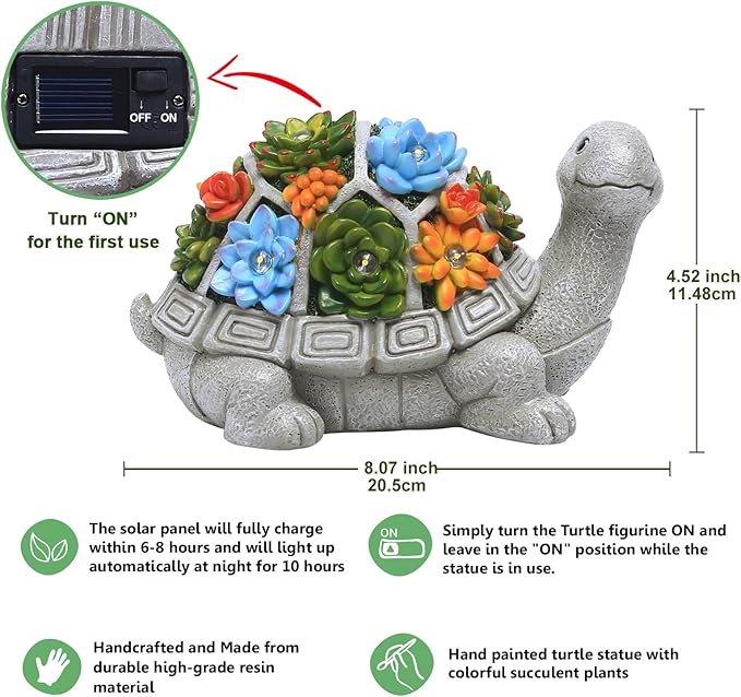 Nacome Solar Garden Outdoor Statues Turtle with Succulent and 7 LED Lights - Lawn Decor Statue for Patio, Balcony, Yard Ornament for Mom Grandma Women