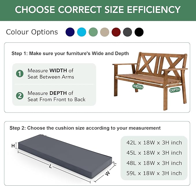 Summsun Outdoor Bench Cushion: Waterproof and Fade Resistant Patio Furniture Cushions - Non-Slip Bench Pad Cushion with Removable Cover for Garden Swing Porch Sofa Settee, 59 x 18 Inch, Dark Grey