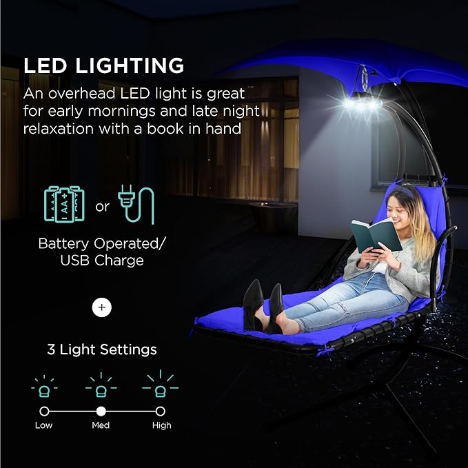 Best Choice Products Hanging LED-Lit Curved Chaise Lounge Chair Swing for Backyard, Patio, Lawn w/ 3 Light Settings, Weather-Resistant Pillow, Removable Canopy Shade, Steel Stand - Resort Blue