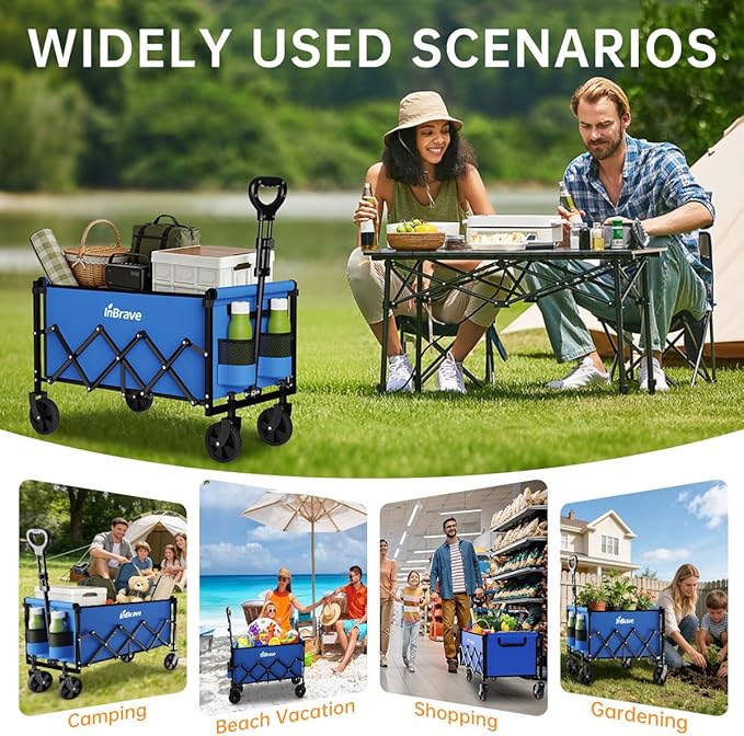 Collapsible Wagon Cart, 380LBS Heavy Duty Utility Wagons with All-Terrain Wheels, Foldable Grocery Carts for Gardening, Shopping, Beach, Camping, Blue