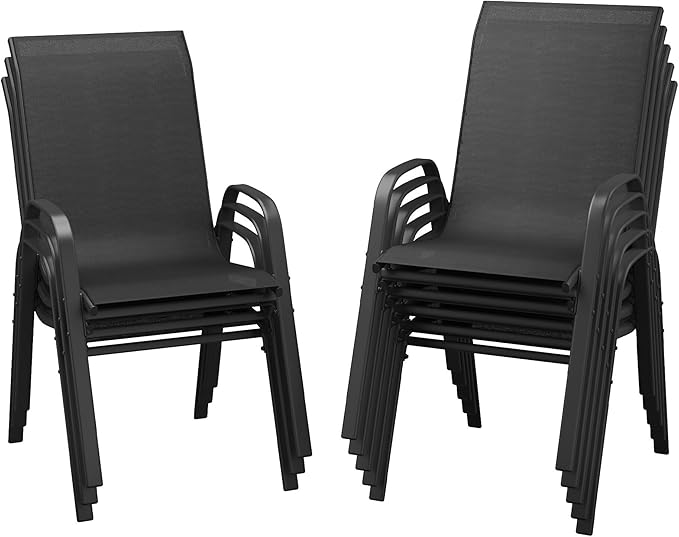 DIFY Patio Chairs Set of 8, Stackable Outdoor Dining Chairs Set with Breathable Textilene High Back and All-Weather Metal Frame for Garden, Backyard, Deck, Dark Grey