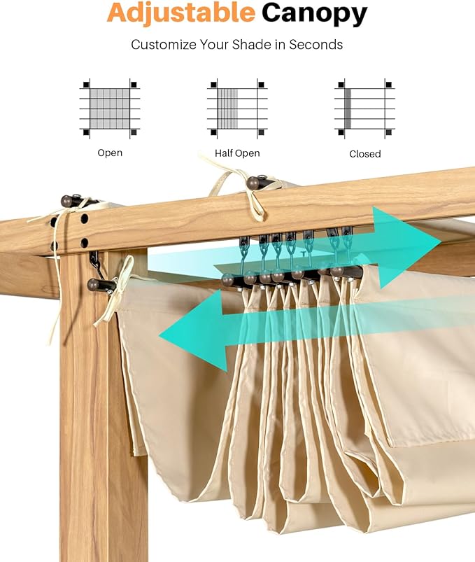 10' X 13' Outdoor Pergola with Retractable Canopy, Wood-Grain Aluminum Outdoor Retractable Pergola Canopy with Sun Shade Shelter, Modern Yard Grape Trellis Pergola for Deck Garden Lawn, Beige
