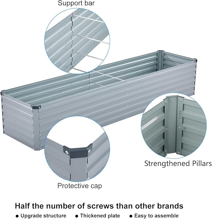 Meberam 2 Pack 8x2x1FT Galvanized Raised Garden Bed Kit, Outdoor Metal Planter Box for Vegetables, Bottomless Rectangular Gardening Bed with Support Rods, Tool-Free Assembly, Gray