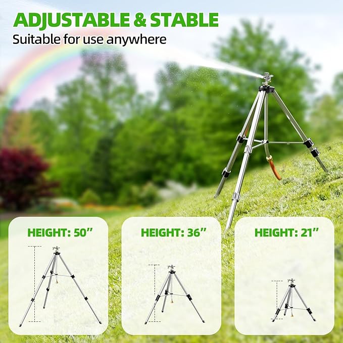 SPECILITE Brass Impact Sprinkler on Tripod Base, 50” Heavy Duty Metal Pulsating Telescoping Sprinkler, 360 Degree Irrigation for Large Area, Yard, Lawn, Waters up to 90ft, Covering up to 6360sqft