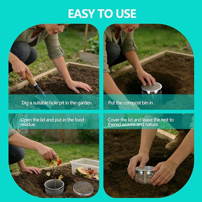 4 Pack Underground Worm Composting Bin with Gardening Gloves - Small Round Metal Stainless Steel Composter for Family Garden, Outdoor Compost Bins (4)
