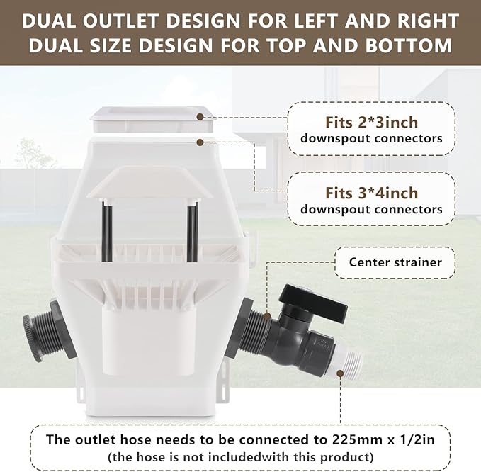 Rain Barrel Diverter, RainWater Collection System Fits for 2x3 or 3x4 Inch Downspout Diverter Colander, Tintsabo Upgrade Rain Barrel Diverter Kit with Filtration and PVC Spigot, White