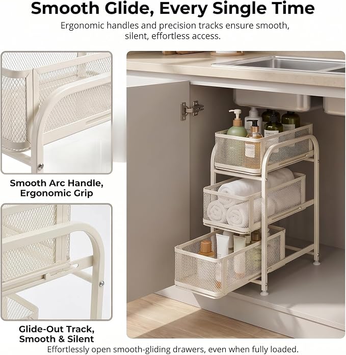 PureBox 3 Tier Under Sink Organizer, Pull Out Cabinet Storage Organizer with Sliding Mesh Drawers, Heavy Duty Metal Under Sink Storage for Kitchen, Bathroom, Cabinet, Small Space, White, 1 Pack